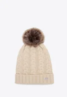 Czapki damskie - Czapka damska z warkoczowym splotem i pomponem jasnobeżowa - miniaturka - grafika 1