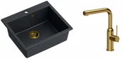Zlewozmywaki z baterią - Quadron Zlewozmywak granitowy jednokomorowy 57*50*22 cm MORGAN 110 BLACK DIAMOND ze złotym odpływem z baterią ANGELINA Q LINE z wyciąganą wylewką kolor złoty - miniaturka - grafika 1