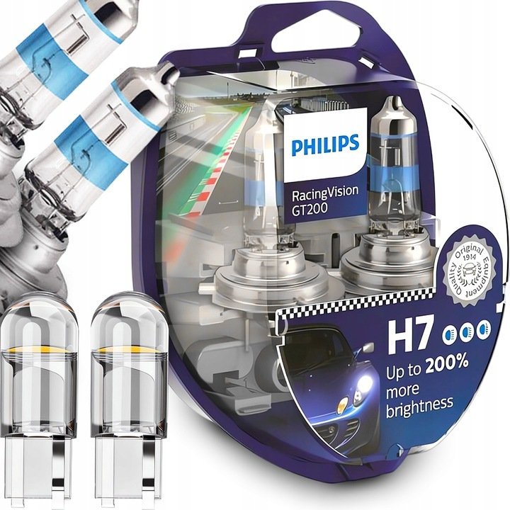 Żarówki Philips Racing Vision GT200 H7 55W +200% Światła + W5W LED CLEAR