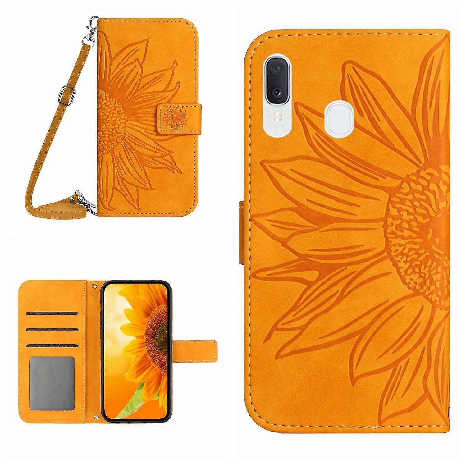 Do Samsung Galaxy A40 Skin Feel Sun Flower Pattern Skórzane etui na telefon ze smyczą Żółty