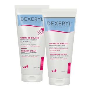 Zestaw Dexeryl Shower, krem myjący pod prysznic dla niemowląt, dzieci i dorosłych, skóra bardzo sucha i skłonna do atopii, 200 ml + odżywcze mleczko do ciała, 200 ml - Kosmetyki kąpielowe dla dzieci - miniaturka - grafika 1