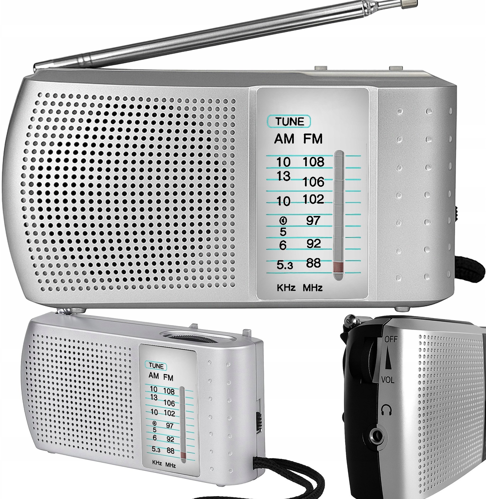 Retoo RADIO KUCHENNE NA BATERIE PRZENOŚNE MAŁE FM AM SW ANTENA SREBRNE