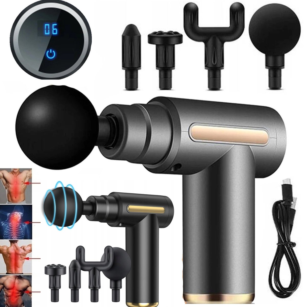 MOCNY PISTOLET DO MASAŻU PLECÓW CIAŁA STÓP 4 KOŃCÓWKI MASAŻER 24W USB