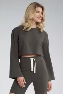 Krótka Bawełniana Bluza z Szerokim Rozciętym Rękawem - Oliwkowa - Spodnie sportowe damskie - miniaturka - grafika 1