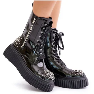 S.Barski Lakierowane Botki Ze Zdobieniem Na Platformie D&A MR880-079 Czarne - Botki damskie - miniaturka - grafika 1