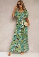 Sukienki - Zielono-Czarna Maxi Sukienka z Wiskozy w Kwiatowy Print ze Sznurkiem w Talii Anukka - miniaturka - grafika 1
