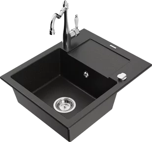 Mexen Enzo zlewozmywak granitowy 1-komorowy z ociekaczem i baterią kuchenną Carla, czarny/złoty metalik - 6506-75-670700-00 - Zlewozmywaki z baterią - miniaturka - grafika 1