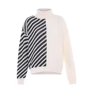 Fenia Damski sweter patchworkowy w paski, z wysokim kołnierzem i skręconą teksturą, czarno-biały, rozmiar XL/XXL, czarny biały, XL - Swetry damskie - miniaturka - grafika 1