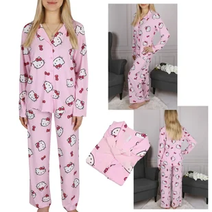 Hello Kitty Damska, różowa piżama z długim rękawem, szerokie nogawki, zapinana na guziki XL - Piżamy damskie - miniaturka - grafika 1