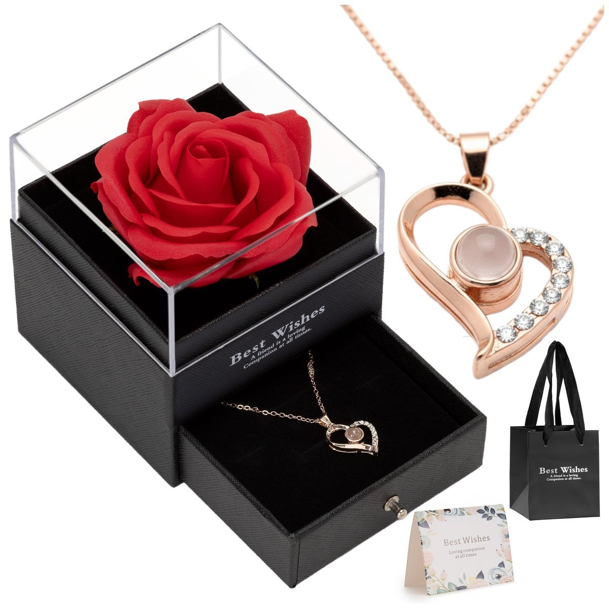 Wieczna róża z naszyjnikiem i pudełkiem prezent na na dzień kobiet walentynki dla niej