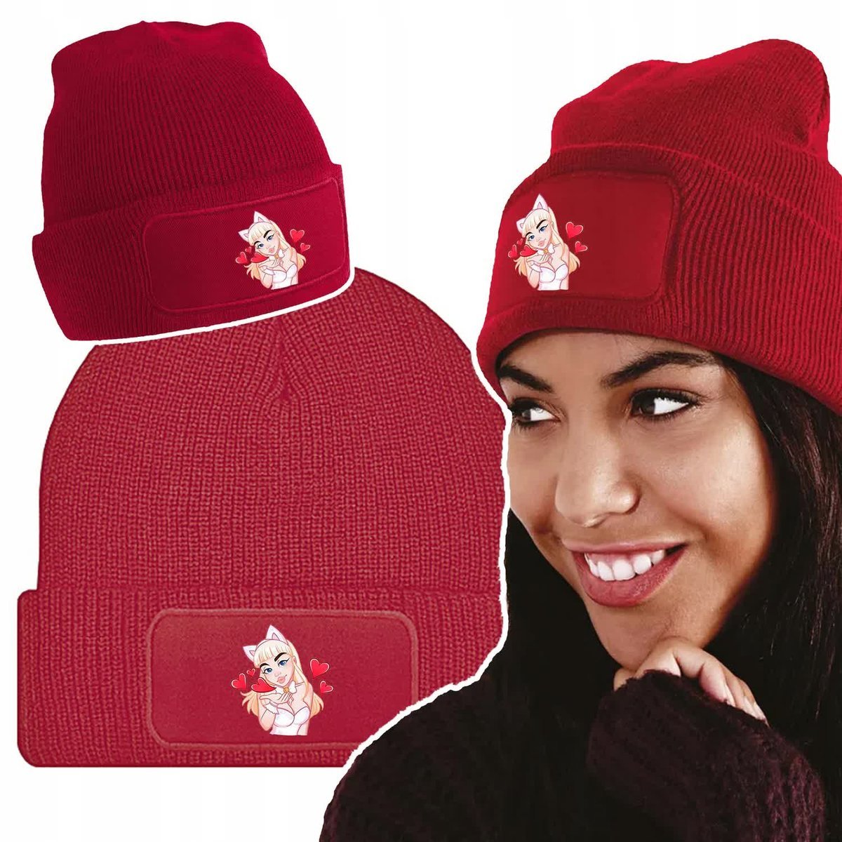 Ciepła Zimowa Czapka Czerwona ZABAWNE Modne Wzory