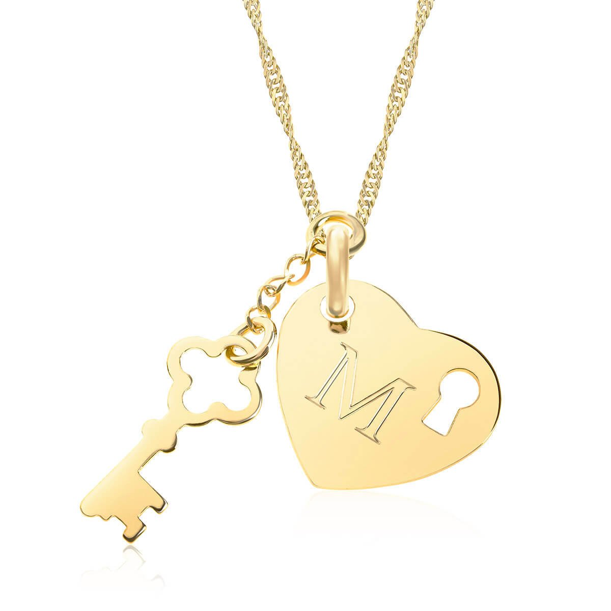 Naszyjnik z grawerem serce kluczyk srebrny pozłacany