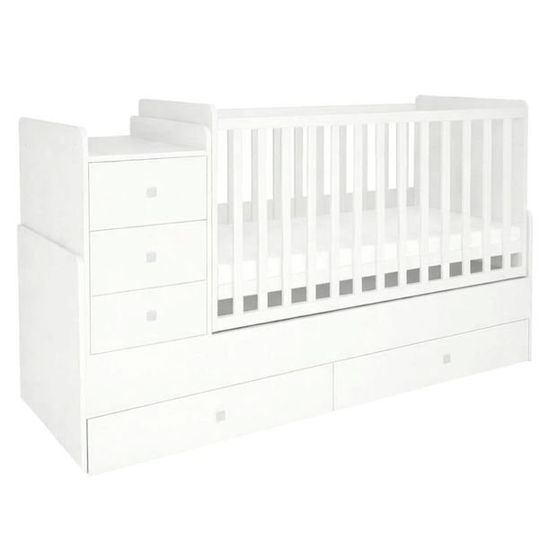 Białe Łóżeczko Dziecięce 120x60 z Przewijakiem SMART 4w1 Komoda + Tapczanik