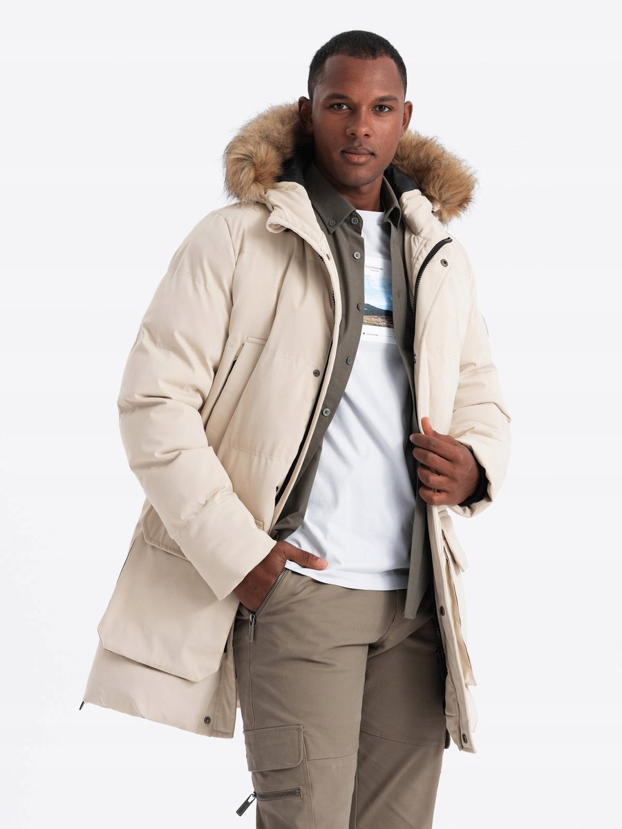 Ocieplana długa męska kurtka parka kremowa V1 OM-JALJ-0184 XL
