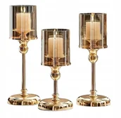 Świeczniki - ELEGANCKI ZESTAW 3 SZTUK ZŁOTYCH SZKLANYCH ŚWIECZNIKÓW ŚWIECZNIK ZŁOTY - miniaturka - grafika 1