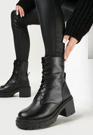 Botki damskie - Czarne Botki na Platformie z Ekoskóry ze Sznurowaniem Vesta - miniaturka - grafika 1