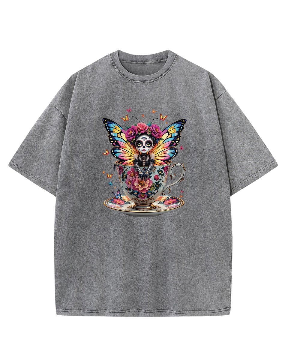 Koszulka oversize efekt sprania Słodka Wróżka Kwiaty szary XXL