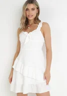 Sukienki - Biała Sukienka na Szerokich Ramiączkach z Wiązaniem i Falbankami Birgitesa - miniaturka - grafika 1