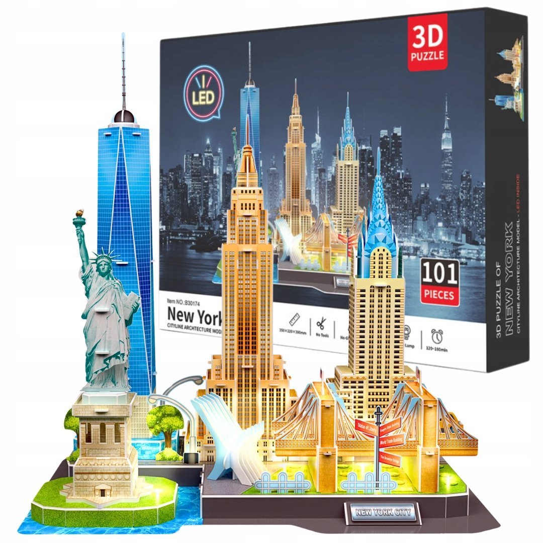 2 x PUZZLE 3D MIASTO NOWY JORK PANORAMA NEW YORK ŚWIATŁO LED 101 ELEMENTÓW