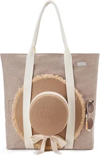 Torba Plażowa Damska z Zamkiem Błyskawicznym Beżowa z Uchwytem na Kapelusz - Torebki damskie Torba Plażowa Damska z Zamkiem Błyskawicznym Beżowa z Uchwytem na Kapelusz - Torebki damskie - miniaturka - grafika 1