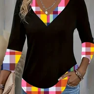 Bluzki damskie - TEMU Elegancka bluzka damska z dekoltem w serek - & Kolorowa koszula w kratę z wielokolorowymi (różowym, zielonym, żółtym, fioletowym, pomarańczowym, - miniaturka - grafika 1