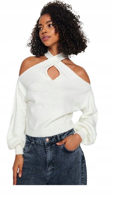 TRENDYOL BIAŁY SWETER Z DEKOLTEM KOPERTOWYM I DŁUGIM RĘKAWEM 38 5AA
