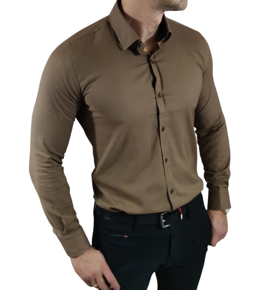 Koszula casualowa slim fit klasyczna oxford struktura brązowa EGO03 XXL