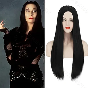 TEMU Peruka 27'' Długa Prosta Czarna dla Kobiet - Bezklejowa, Wysokotemperaturowe Włókno Syntetyczne, Naturalny Wygląd, Idealna na Kostiumy Halloween - Ozdoby do włosów - miniaturka - grafika 1