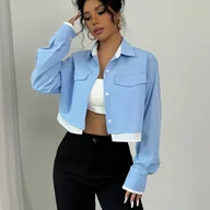 Koszule damskie - TEMU Elegancka Bluzka z Kołnierzykiem dla Kobiet - Biało-Fioletowa Dwukolorowa Koszula w Rękawy, Strukturalny Kołnierzyk i Przednia na Piersi, Nadaje - miniaturka - grafika 1