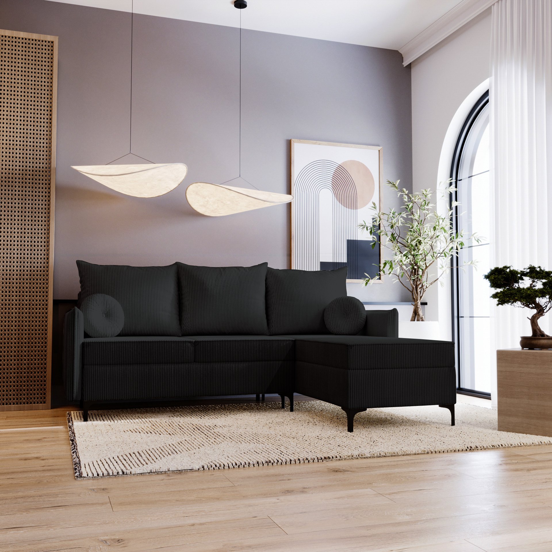 Narożnik w kształcie litery L Lion - Sofa do salonu z funkcją spania i podstawą łóżka - Prawa - Czarny & Poso 135
