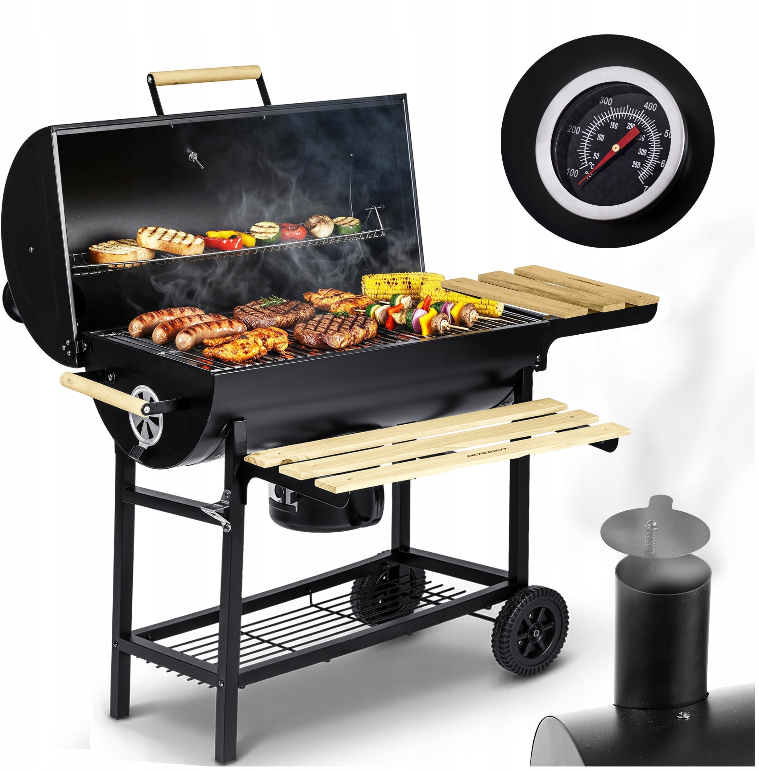 Berdsen Grill węglowy ogrodowy beczka z kominem półki + termomentr + popielnik BD-895 czarny
