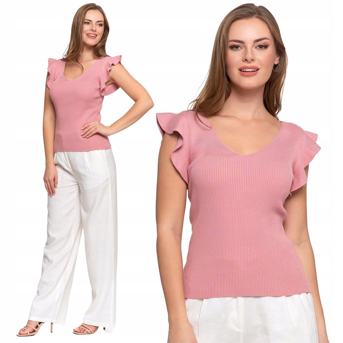 BLUZKA DAMSKA DZIANINA PRĄŻKOWANA WISKOZA FALBANKI SWETERKOWY TOP MORAJ XL PINK