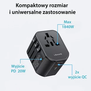 USAMS Adapter siec 2xUSB+1xUSB-C T59 20W 4w1 US/AU/EU/UK czarny/black CC179TC01 (US-CC179) Univesal Travel Charger - Ładowarki do telefonów - miniaturka - grafika 1