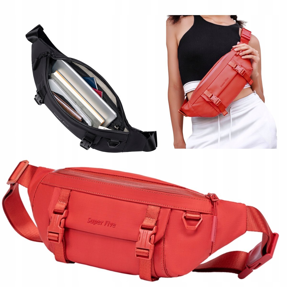 NERKA MIEJSKA czerwona sportowa DAMSKA na co dzień NA RAMIĘ I PAS stylowa