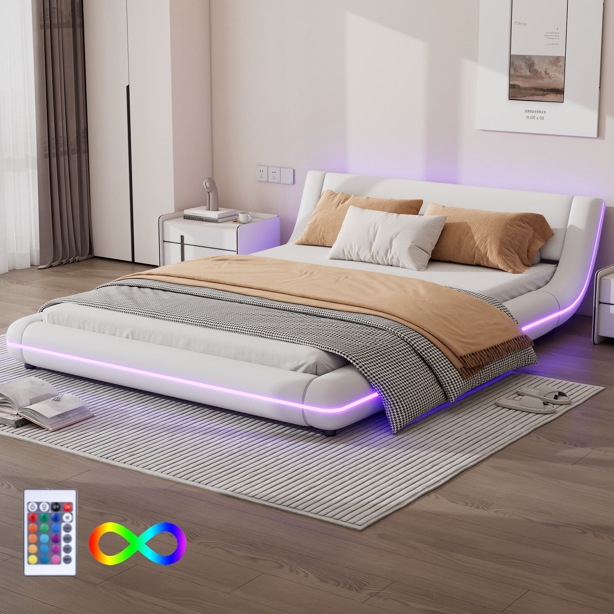 Łóżko tapicerowane Flieks 140x200cm z LED, podwójne łóżko młodzieżowe ze stelażem listwowym, klasyczne łóżko drewniane łóżko pływające łóżko podłogowe, PU, białe