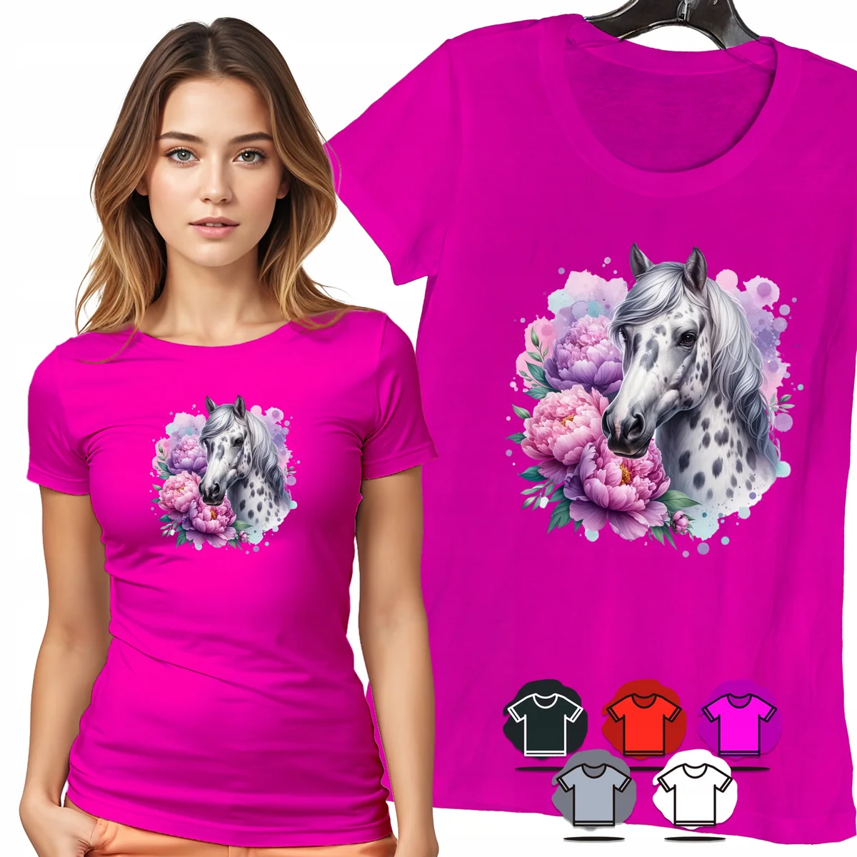 KOSZULKA DAMSKA T-SHIRT - KOŃ W KWIATACH RÓŻOWY PORTRET DAMSKI WZÓR - M