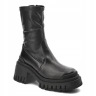 Botki damskie - Czarne botki workery CARINII B10021 klocek platforma skóra modne - miniaturka - grafika 1