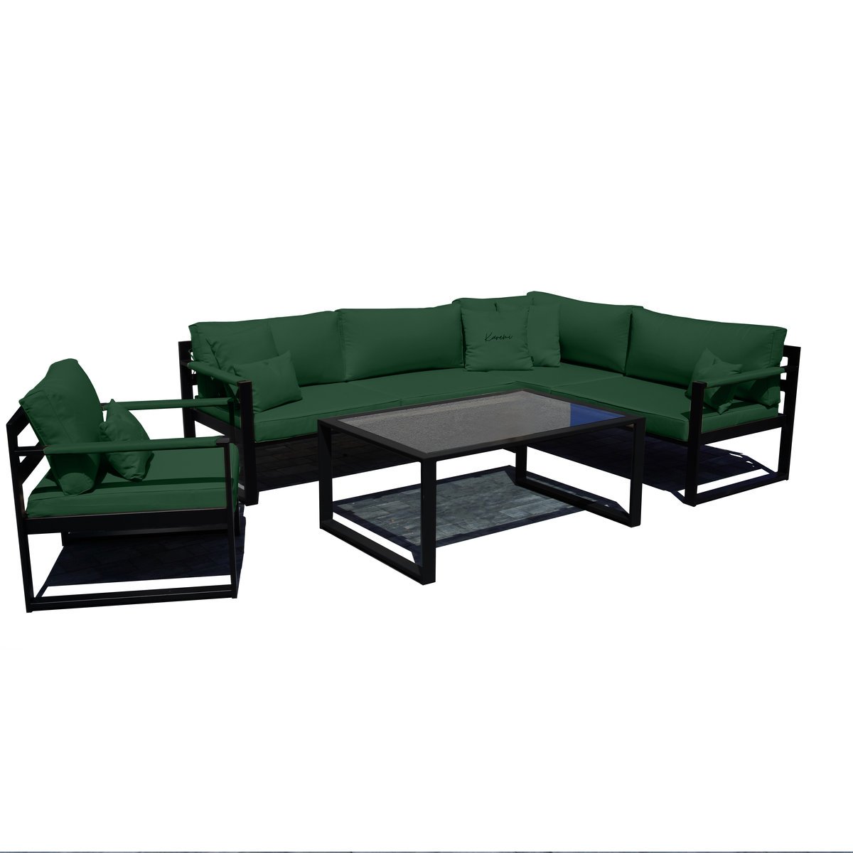 Meble ogrodowe BRYGIDA narożnik 250x200 + fotel + stolik czarna stal, KANARIA 7010 - kolor zielony