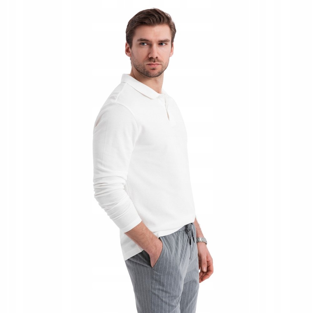 Longsleeve męski basic z kołnierzykiem polo biały Ombre OM-POBL-0114 V1 XXL