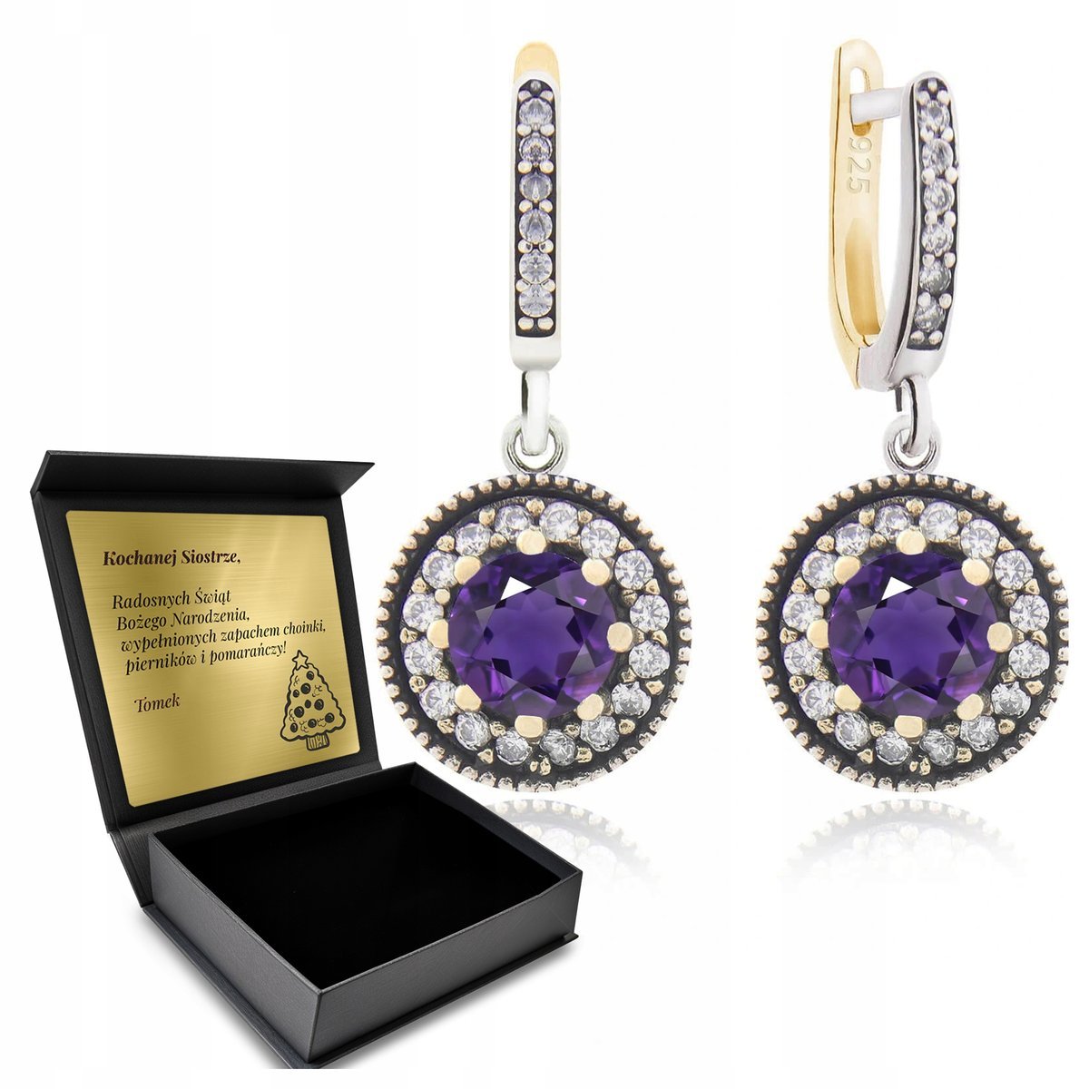 Kolczyki Srebrne 925 Z Cyrkoniami I Ametystem Dla Kobiety + Grawer