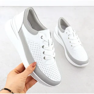 Skórzane sneakersy na koturnie ażurowe białe Vinceza 41487 - Półbuty damskie - miniaturka - grafika 1