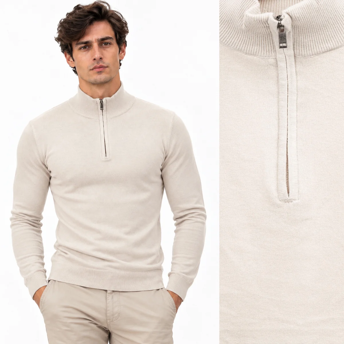 Sweter męski cienki beżowy z półgolfem na krótki zamek gładki casualowy LD-69050-15-BEIGE XL
