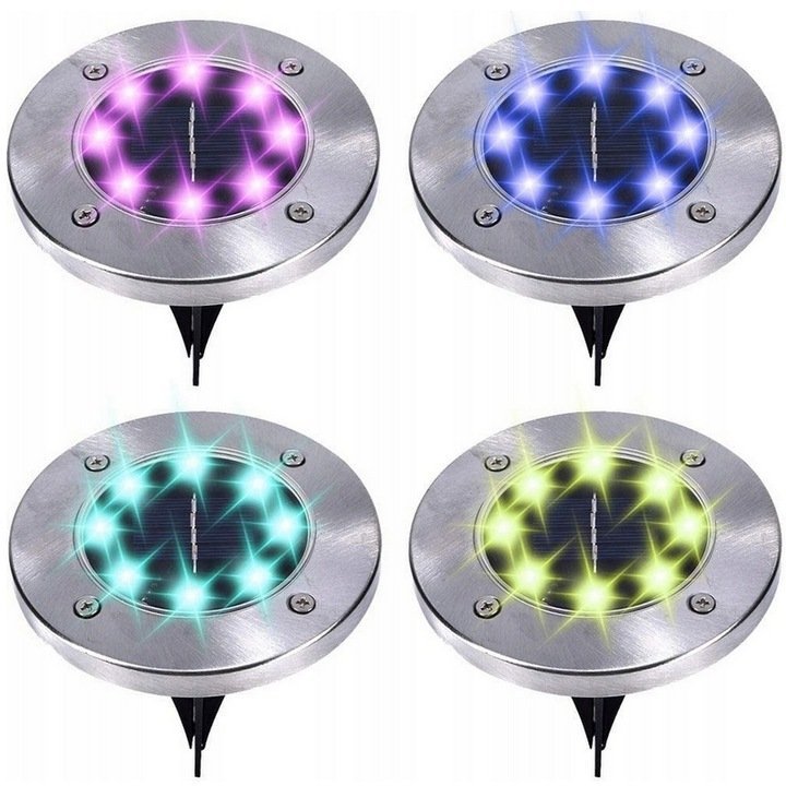 LAMPA SOLARNA LED RGB OGRODOWA WBIJANA GRUNTOWA DYSK KOLORY