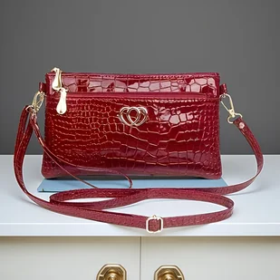 TEMU Elegancka Damska Torba na Ramię z Wzorem Krokodyla z Odpinanym Paskiem - Błyszczące Wykończenie, Zamek Błyskawiczny, Podszewka z Poliestru, - Torebki damskie - miniaturka - grafika 1