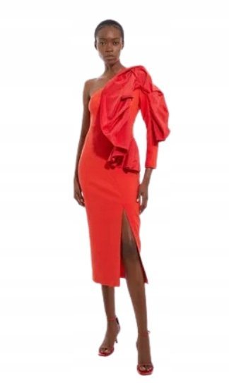 Karen Millen Czerwona Sukienka Midi na Jedno Ramię dla Niskich 38 B_a