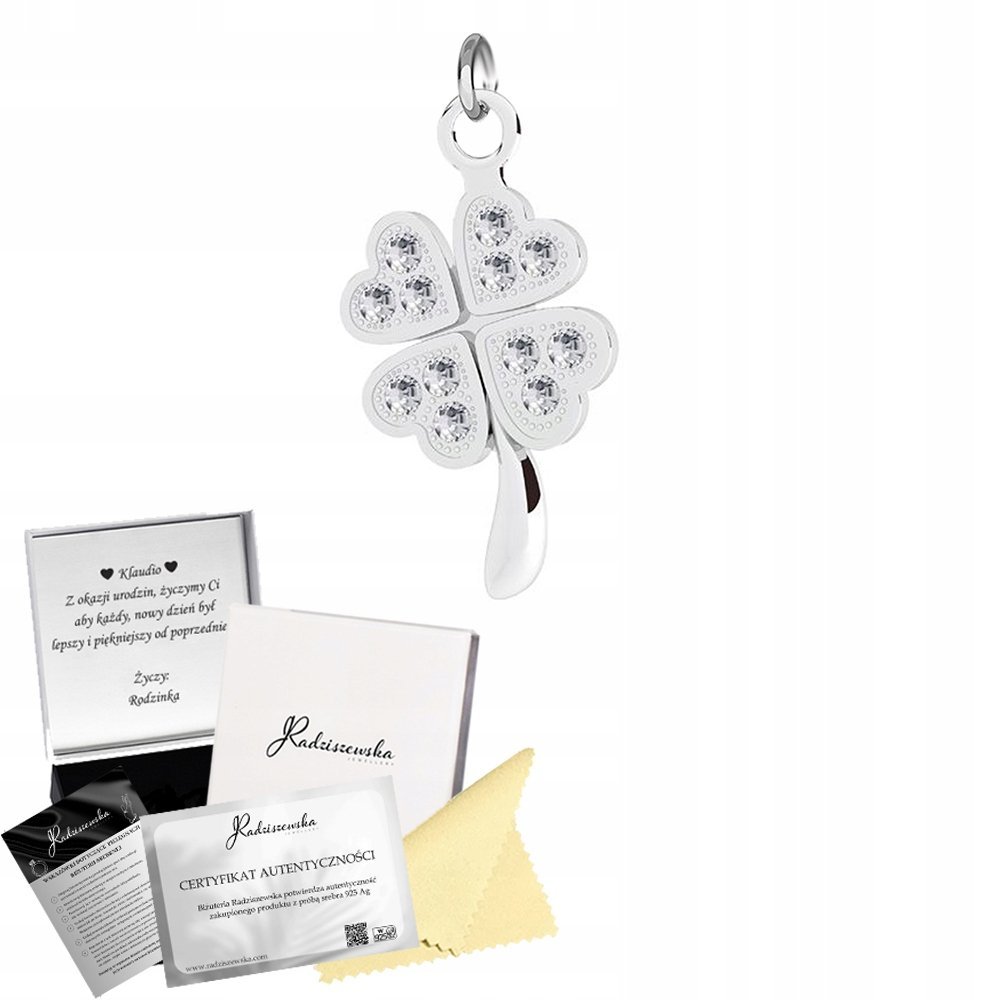 Zawieszka Srebrna Koniczyna na Szczęście 925 Prezent DEDYKACJA GRATIS