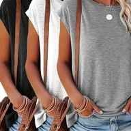 Bluzki damskie - TEMU 3 szt. Damskie Casualowe T-shirty z Okrągłym Dekoltem - Jednokolorowe Krótkie Rękawy w Kolorach Czarnym, Miętowym i Różowym Oddychające Letnie - miniaturka - grafika 1