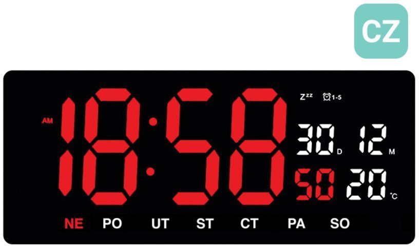 Zegar sieciowy LED JVD DH3604.3 cyfry 10 cm, termometr, budzik, wersja czeska .