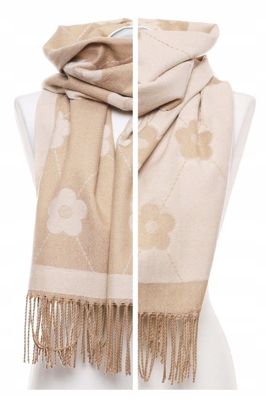 SZAL DAMSKI SZALIK MODNY Z FRĘDZLAMI JESIEŃ ZIMA KWIATY STYLOWY MORAJ BEIGE