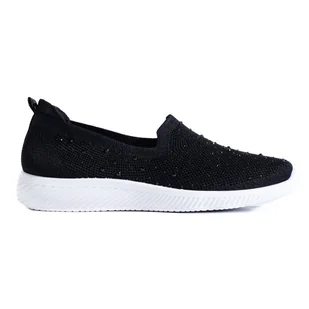 Czarne materiałowe buty wsuwane slip on z ćwiekami Shelovet - SHELOVET - Slip on damskie - miniaturka - grafika 1
